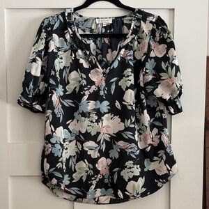 Blousology Floral Black Blouse with Ruffle Sleeve and Neck.  Women’s size Medium